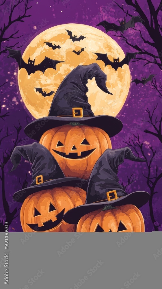 Halloween Pumpkins with Witch Hats and Bats Halloween Pumpkins with Witch Hats and Bats