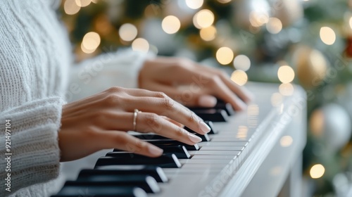 A close-up image of hands playing a piano, surrounded by Christmas decorations and blurred lights in the background, creating a festive and musical ambiance.