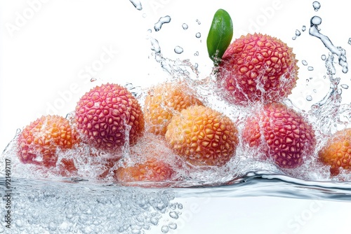 Mauritius Lychee falling into the water with a splash on a white background