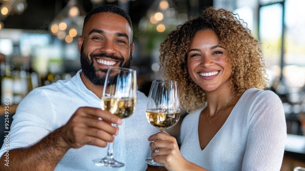 A cheerful couple holding wine glasses while toasting during a celebration, exhibiting joy and enjoyment of special moments together with laughter and drinks. A cheerful couple holding wine glasses while toasting during a celebration, exhibiting joy and enjoyment of special moments together with laughter and drinks.