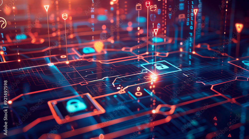 Fototapeta premium a secure digital data transfer with encrypted data streams flowing between devices. Including lock icons, shields, and glowing data paths to emphasize security, cybersecurity concept 