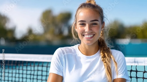 A young woman with a big smile poses confidently on a tennis court, against the backdrop of a sunny blue sky, depicting an active lifestyle and the joy of sports. photo