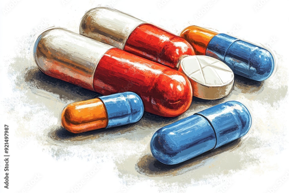 A vivid display of multicolored capsules spilling out symbolizing diverse medical treatments A vivid display of multicolored capsules spilling out symbolizing diverse medical treatments