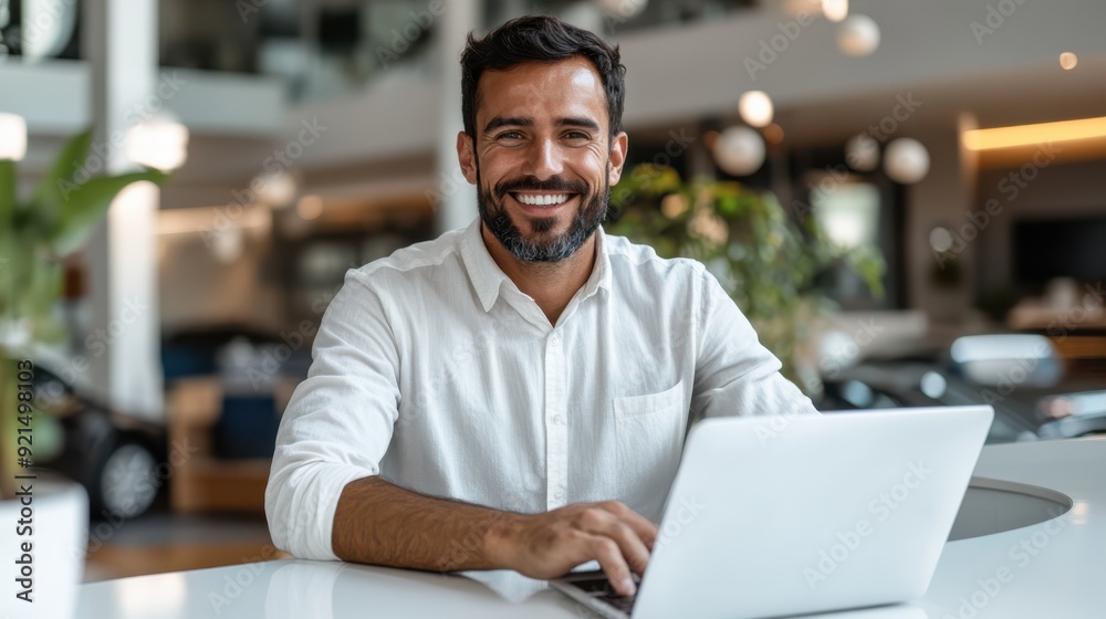 A man in a white shirt is using a laptop while sitting at a modern and brightly lit workplace. The setting exudes professionalism and productivity, highlighting his focus. A man in a white shirt is using a laptop while sitting at a modern and brightly lit workplace. The setting exudes professionalism and productivity, highlighting his focus.