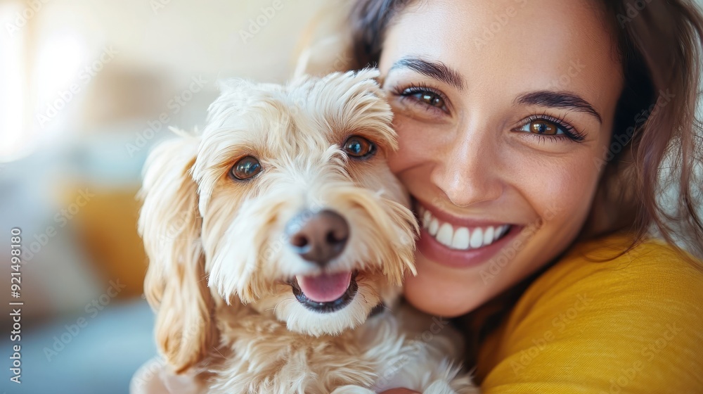 A woman with a big, radiant smile hugging a small, happy dog, capturing a tender and cheerful moment in a brightly lit indoor space, highlighting their affectionate bond. A woman with a big, radiant smile hugging a small, happy dog, capturing a tender and cheerful moment in a brightly lit indoor space, highlighting their affectionate bond.