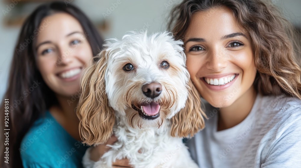 Two women with radiant smiles posing together with a small, joyful dog, emphasizing their friendship and the loving bond shared, set in a bright, indoor environment. Two women with radiant smiles posing together with a small, joyful dog, emphasizing their friendship and the loving bond shared, set in a bright, indoor environment.