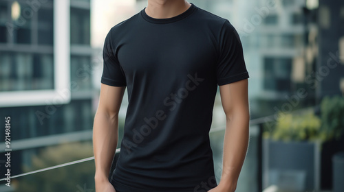 Black T-Shirt Mock-Up on Young Man, Blank Business Concept for Presentation