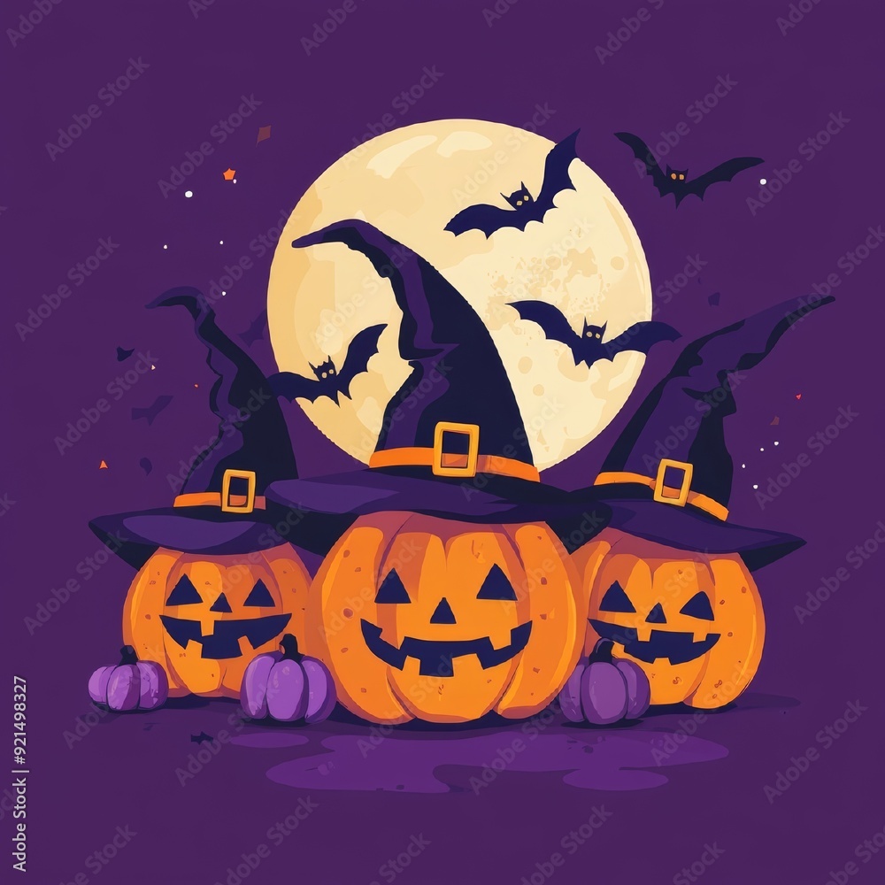 Three Jack-O'-Lanterns Wearing Witch Hats Three Jack-O'-Lanterns Wearing Witch Hats