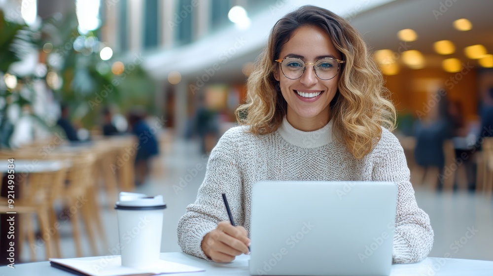Blonde woman with glasses, happily using a laptop in a café. She is writing and enjoying her time, surrounded by a warm, cozy atmosphere with a coffee cup nearby. Blonde woman with glasses, happily using a laptop in a café. She is writing and enjoying her time, surrounded by a warm, cozy atmosphere with a coffee cup nearby.