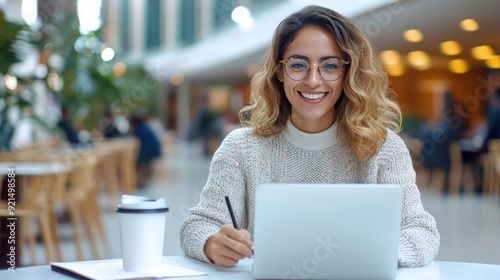 Blonde woman with glasses, happily using a laptop in a café. She is writing and enjoying her time, surrounded by a warm, cozy atmosphere with a coffee cup nearby.