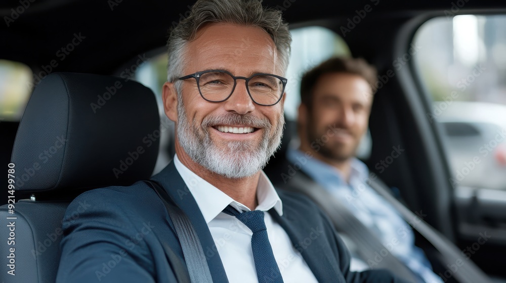 A confident man in a formal suit and glasses is sitting inside a car and smiling. The image captures a moment of success and contentment, possibly while commuting or traveling. A confident man in a formal suit and glasses is sitting inside a car and smiling. The image captures a moment of success and contentment, possibly while commuting or traveling.