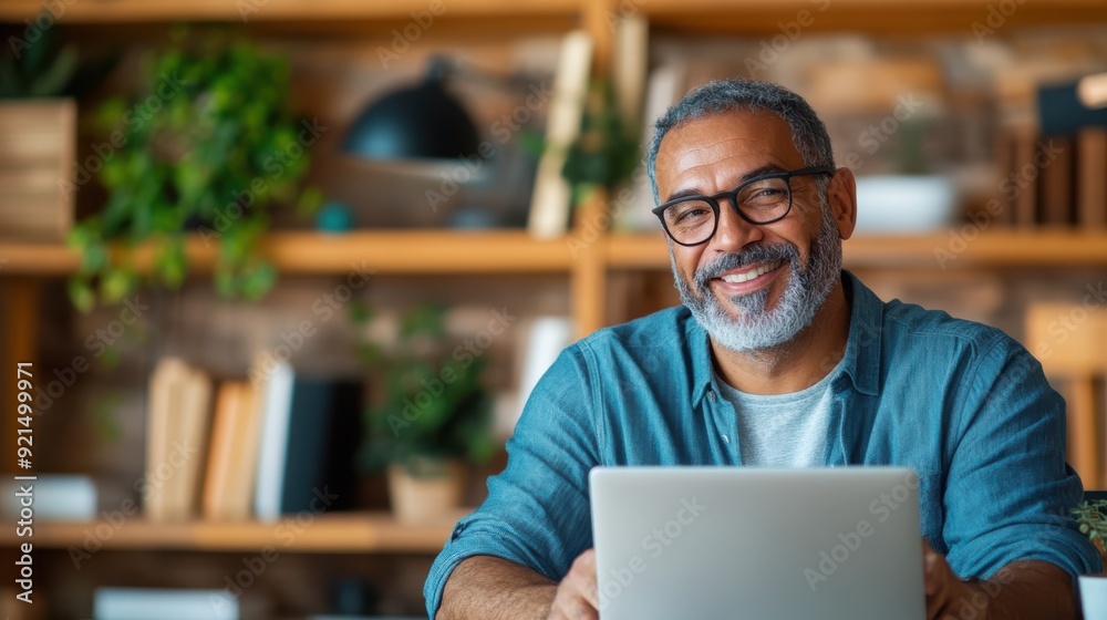 A man sitting at a desk in a home office environment using a laptop. The background features shelves with books, plants, and other home decor, creating a cozy workspace atmosphere. A man sitting at a desk in a home office environment using a laptop. The background features shelves with books, plants, and other home decor, creating a cozy workspace atmosphere.
