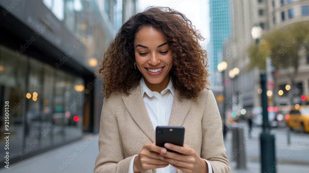 A professional woman with curly hair, wearing a blazer and shirt, smiles as she looks at her smartphone outdoors in a busy city with yellow taxis in the background. A professional woman with curly hair, wearing a blazer and shirt, smiles as she looks at her smartphone outdoors in a busy city with yellow taxis in the background.