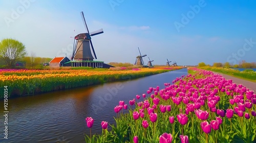 A vibrant scene of Dutch windmills with a canal and fields of tulips.