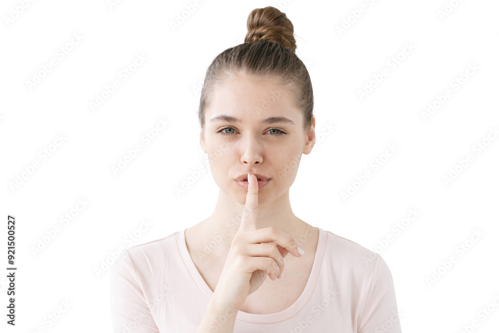 Quiet please, silent gesture from a calm woman with a finger on her lips Quiet please, silent gesture from a calm woman with a finger on her lips