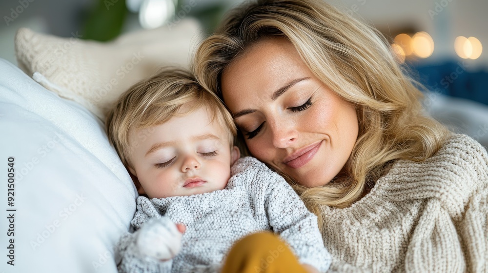 Obraz premium A mother and her child snuggle under a blanket in a cozy, warmly lit bedroom, showcasing a heartwarming moment of family bonding and affection during quiet time together.