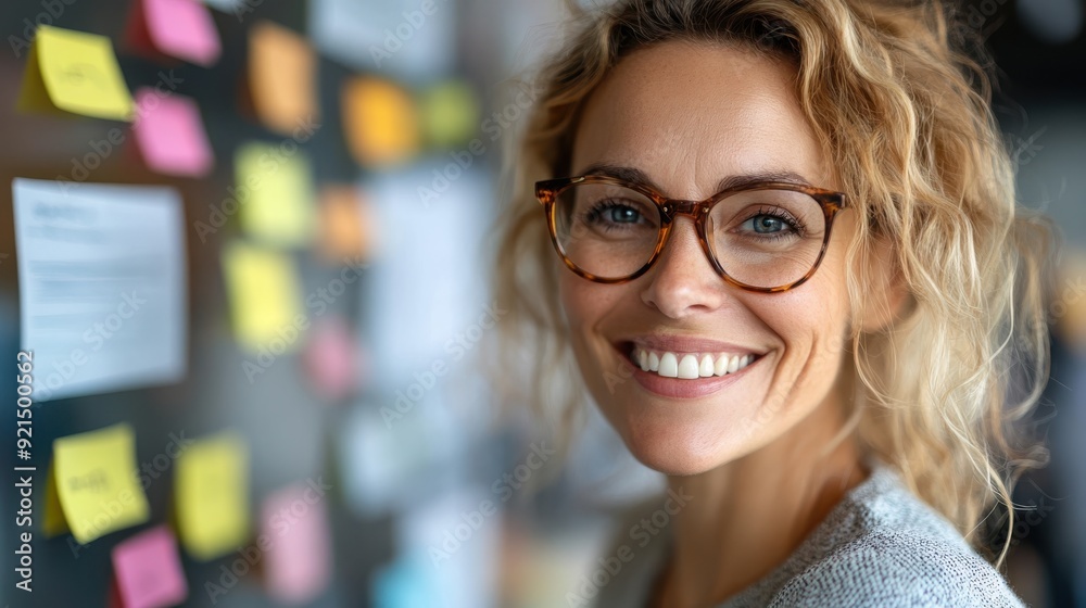 An enthusiastic woman wearing glasses stands next to a board covered with sticky notes, showing her spirited engagement in an innovative and organized work environment. An enthusiastic woman wearing glasses stands next to a board covered with sticky notes, showing her spirited engagement in an innovative and organized work environment.