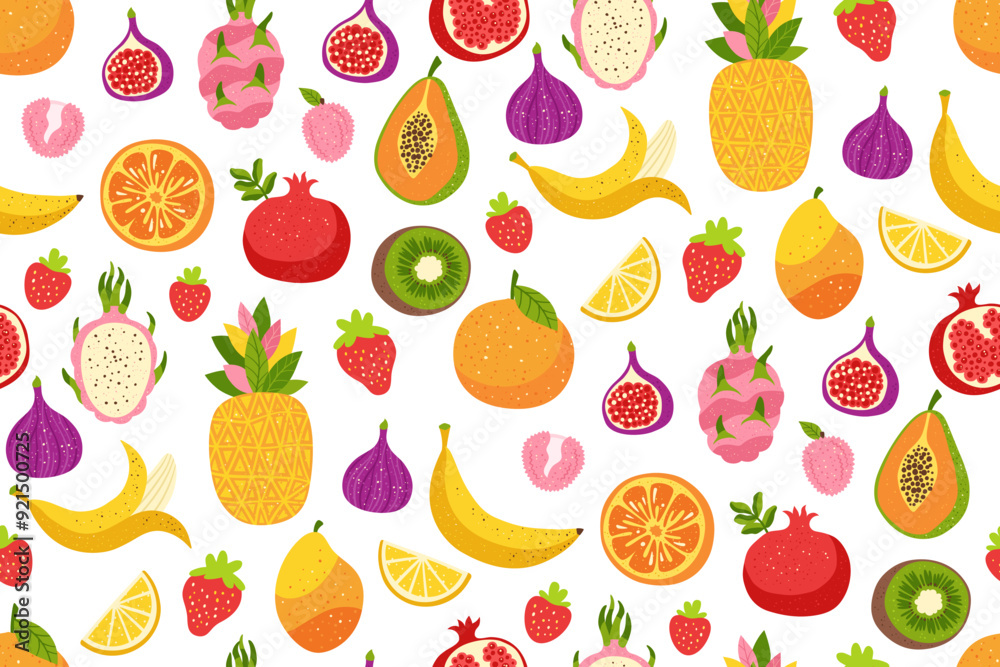 Fruits berries hand drawn seamless pattern. Sliced orange, papaya pineapple, dragon fruits trendy boundless background. Juicy kiwi, banana pomegranate, strawberry, cherry endless cartoon vector design Fruits berries hand drawn seamless pattern. Sliced orange, papaya pineapple, dragon fruits trendy boundless background. Juicy kiwi, banana pomegranate, strawberry, cherry endless cartoon vector design
