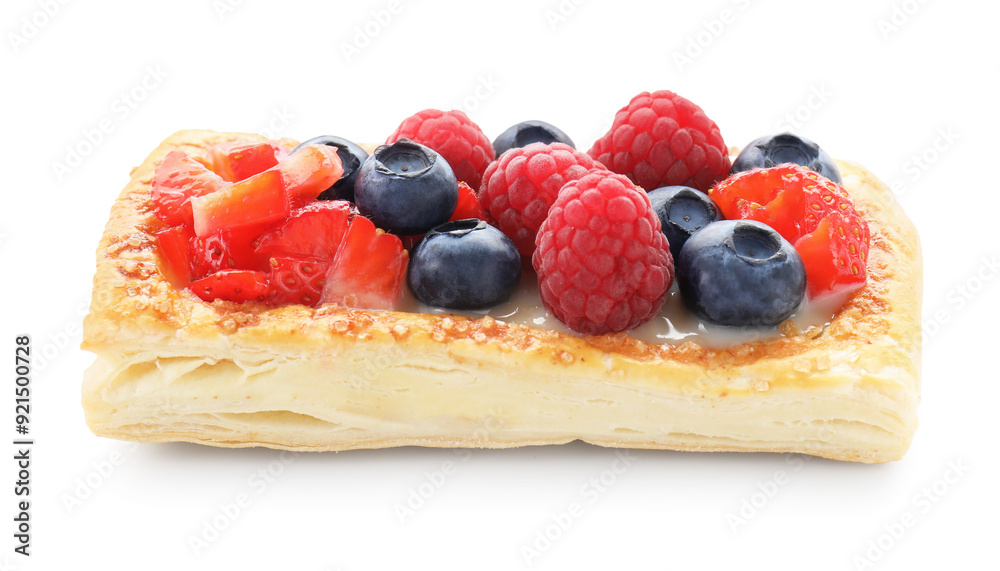 Tasty puff pastry with berries isolated on white Tasty puff pastry with berries isolated on white