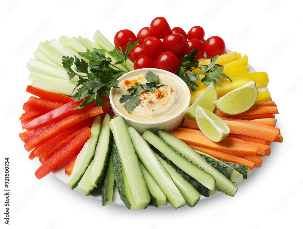 Tasty homemade hummus and different vegetables isolated on white Tasty homemade hummus and different vegetables isolated on white
