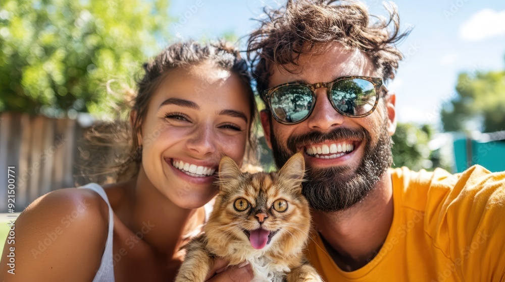 A happy couple with a cat enjoys a sunny day outdoors, embodying the joy of companionship and the warmth of natural light in a serene and cheerful environment. A happy couple with a cat enjoys a sunny day outdoors, embodying the joy of companionship and the warmth of natural light in a serene and cheerful environment.