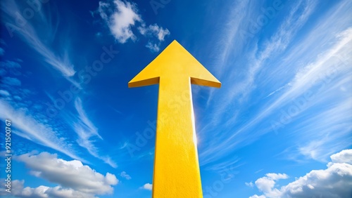 A bright yellow arrow sign pointing upwards, set against a clear blue sky, conveying a sense of direction, progress, and optimism in a bold, modern design. photo