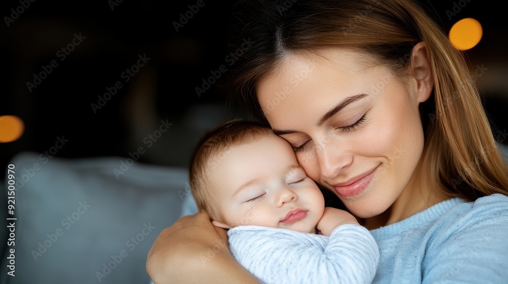 A mother lovingly cradles her sleeping baby while sitting on a couch in a cozy home environment, showcasing warmth and maternal affection in a peaceful setting. A mother lovingly cradles her sleeping baby while sitting on a couch in a cozy home environment, showcasing warmth and maternal affection in a peaceful setting.