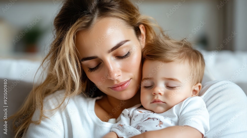 A young woman sits peacefully holding a baby asleep in her arms, expressing pure love and a deep connection in a tranquil and nurturing environment. A young woman sits peacefully holding a baby asleep in her arms, expressing pure love and a deep connection in a tranquil and nurturing environment.