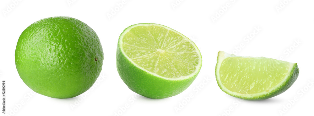 Fresh lime isolated on white, collage. Whole, half and slice Fresh lime isolated on white, collage. Whole, half and slice
