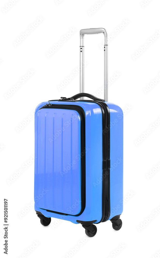 One closed blue suitcase isolated on white One closed blue suitcase isolated on white