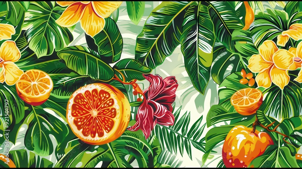 Naklejka premium Colorful fruit and tropical flowers create a lively atmosphere in a vibrant garden