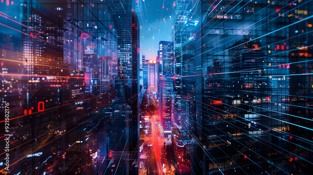 Fototapeta premium Digital Cityscape - Abstract Background with Neon Lights and Geometric Patterns