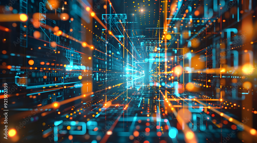 Abstract Digital Network Illustration with Orange and Blue Lights Abstract Digital Network Illustration with Orange and Blue Lights