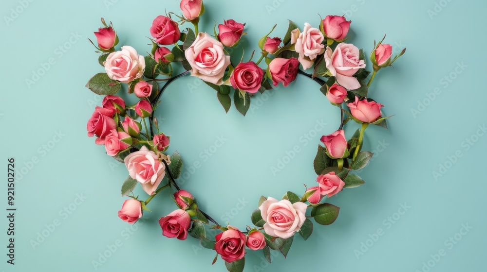 Heart shaped wreath of pink roses on turquoise background for beauty and romance wedding concept Heart shaped wreath of pink roses on turquoise background for beauty and romance wedding concept