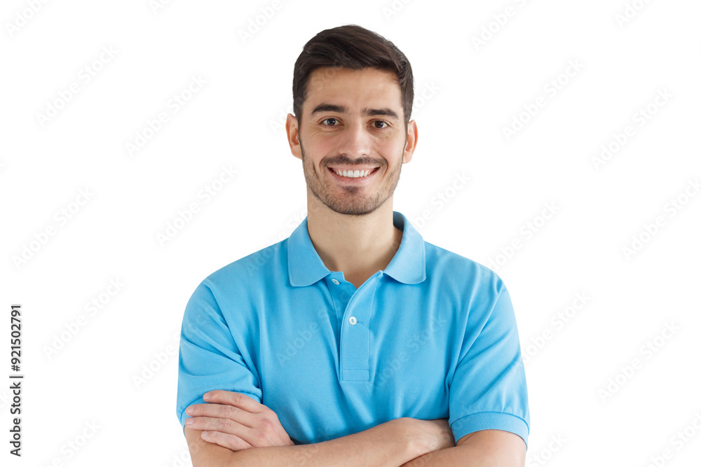 Close-up portrait of young smiling handsome man in blue polo shirt Close-up portrait of young smiling handsome man in blue polo shirt