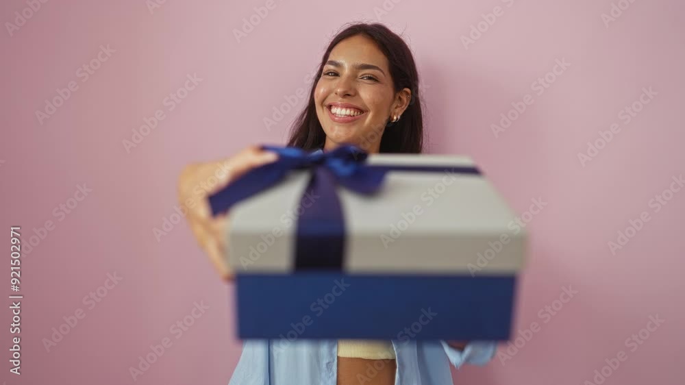 Young woman offers a gift box against a pink background, highlighting the elements of joy and generosity. Young woman offers a gift box against a pink background, highlighting the elements of joy and generosity.