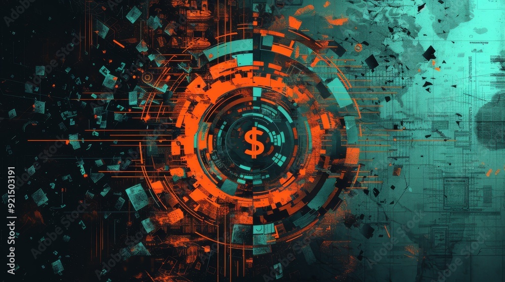 Obraz premium Futuristic digital art with central dollar sign encircled by abstract geometric patterns symbolizing global financial systems and data networks
