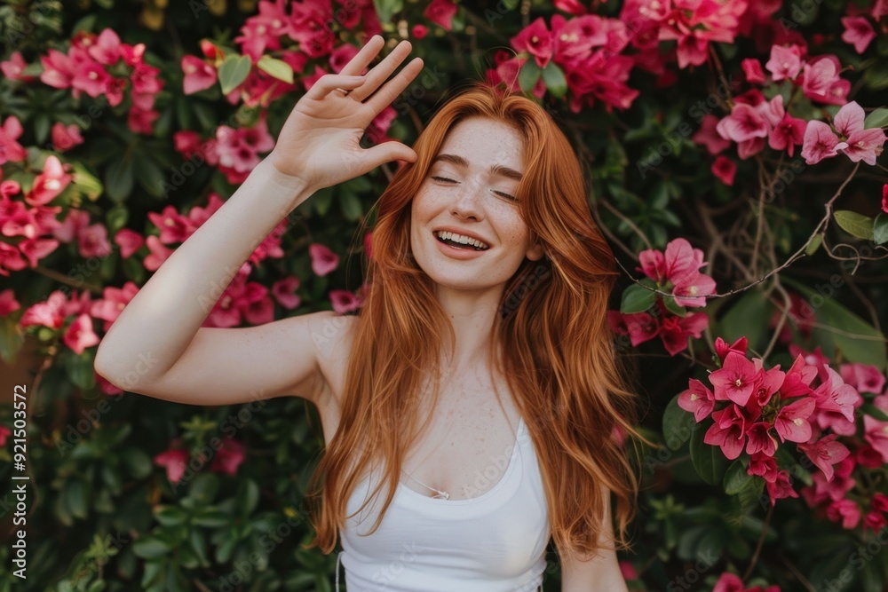 Smiling woman with long red hair surrounded by pink flowers in a serene garden beauty portrait Smiling woman with long red hair surrounded by pink flowers in a serene garden beauty portrait