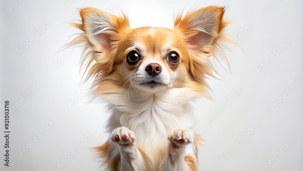 Adorable long-haired Chihuahua stands proudly on hind legs, front paws held high, big brown eyes shining with curiosity, against a soft focus white background. Adorable long-haired Chihuahua stands proudly on hind legs, front paws held high, big brown eyes shining with curiosity, against a soft focus white background.