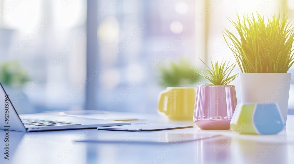 Minimalist Office Desk with Laptop, Plants & Sunlight Minimalist Office Desk with Laptop, Plants & Sunlight