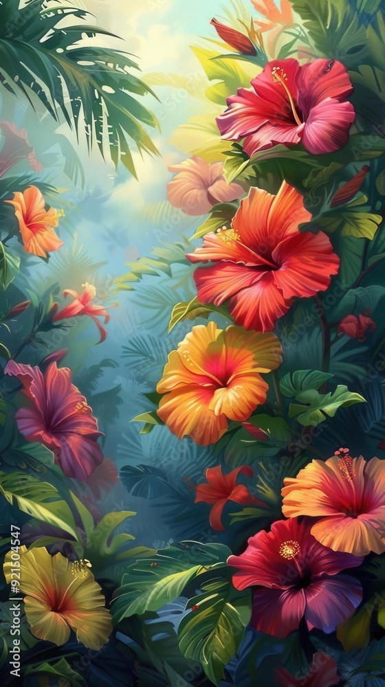 Colorful hibiscus garden, tropical flowers, varied hues, bird's-eye view, midday sun, anime style, vibrant paradise,