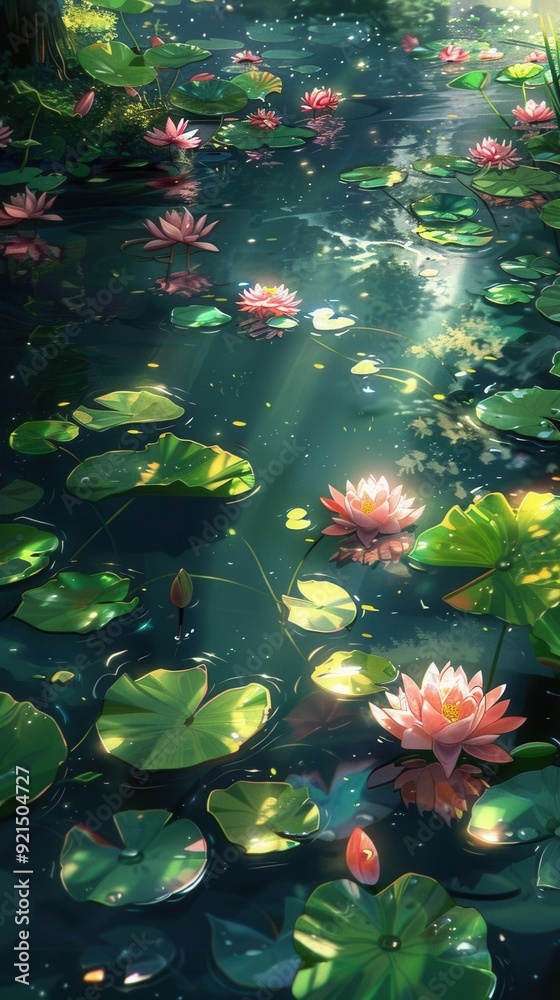 Serene lily pond, floating pads, blooming flowers, bird's-eye view, soft light, anime style, tranquil waterscape, Serene lily pond, floating pads, blooming flowers, bird's-eye view, soft light, anime style, tranquil waterscape,