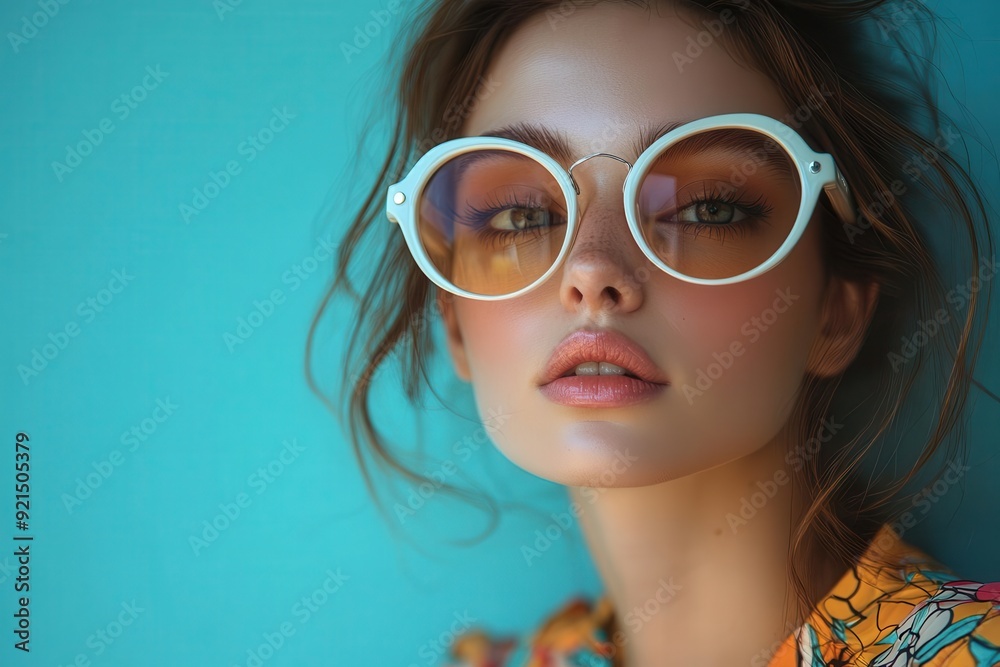 retrochic portrait stylish woman in oversized white sunglasses and vibrant floral shirt pop art inspired background with bold contrasting colors dramatic lighting emphasizes vintage glamour retrochic portrait stylish woman in oversized white sunglasses and vibrant floral shirt pop art inspired background with bold contrasting colors dramatic lighting emphasizes vintage glamour