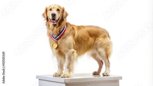 A majestic golden retriever stands proudly on a pedestal, wearing a shiny champion medal around its neck, against a clean isolated white background. photo