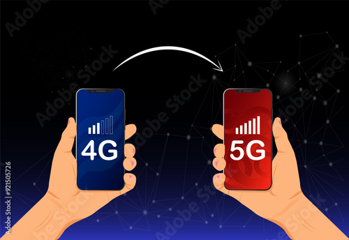 The transition from 4G to 5G Network. Represents a significant advancement in the capabilities and speed of wireless technology. Vector illustration