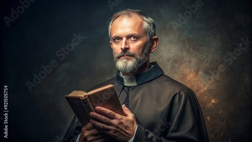 A middle-aged man in a cleric collar, with a kind face and gentle eyes, holds a worn leather-bound holy book, exuding warmth and spiritual guidance.
