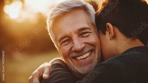 A happy father is hugging his son.