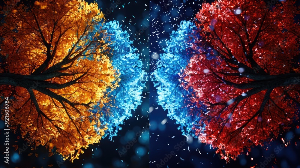 Beautiful surreal art scene of autumn and winter trees with vibrant colors and sparkling lights in a fantasy landscape.