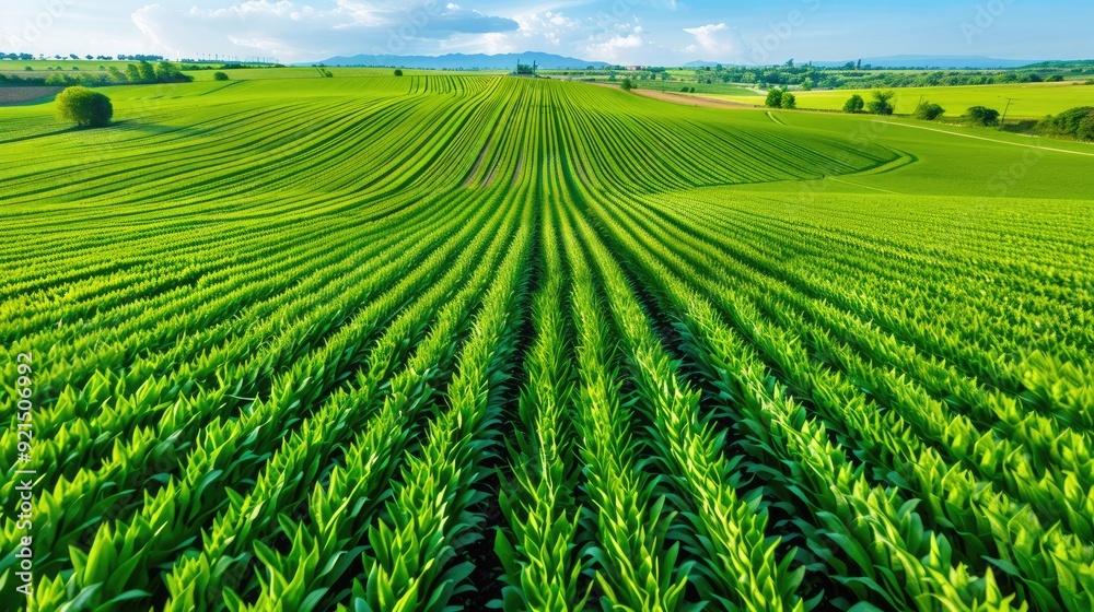 Vast green agricultural field with neatly aligned crops stretching towards the horizon under a bright sky, ideal for farming themes.