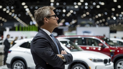 Forward-Thinking Executive at Sustainable Energy Conference with Prominent EV Car Displayed in Background, Generative Ai